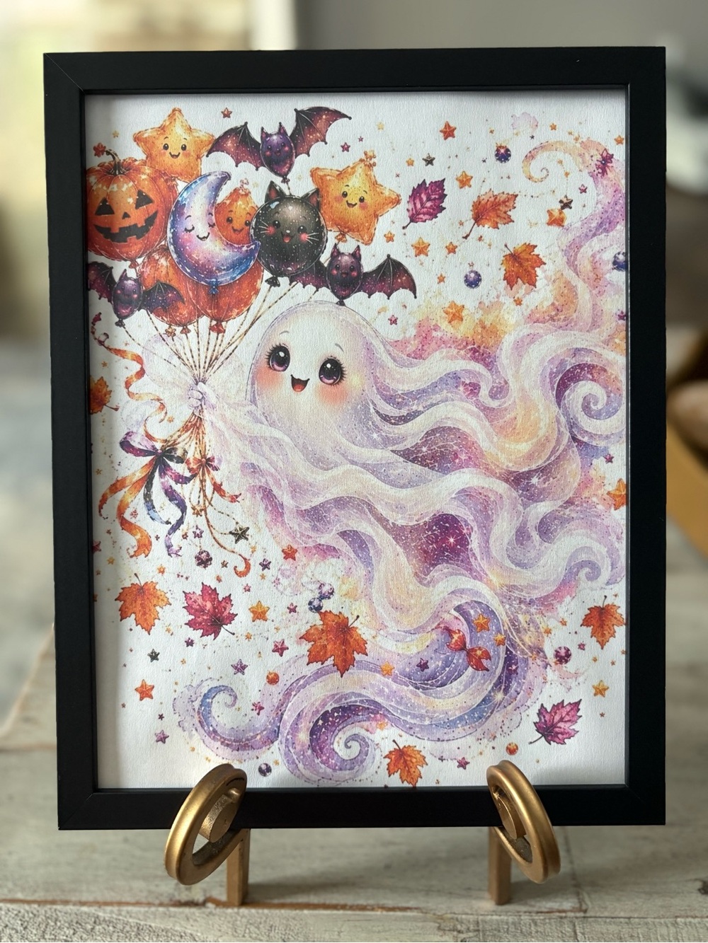 Whimsical Framed 8x10 Purple Ghost Halloween Wall Art